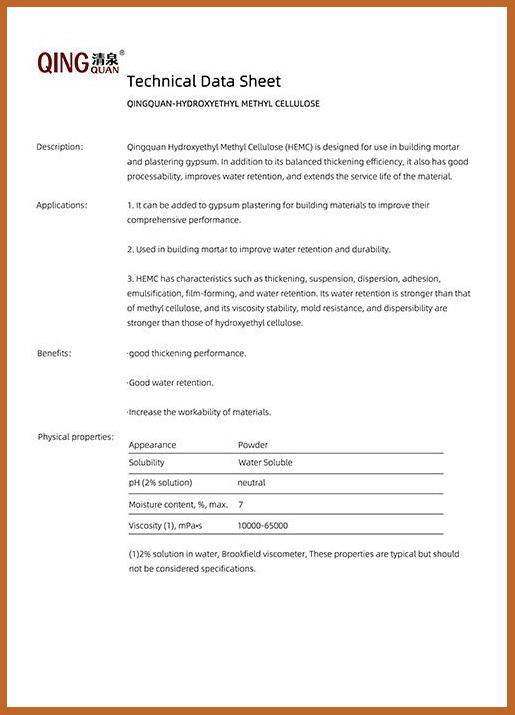 HEMC Technical Data Sheet – Construction Grade, High Water Retention - QingQuan HEMC Technical Data Sheet – Construction Grade, High Water Retention - QingQuan