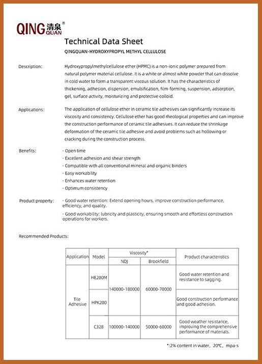 HPMC Technical Data Sheet – Tile Adhesive Grade - QingQuan HPMC Technical Data Sheet – Tile Adhesive Grade - QingQuan