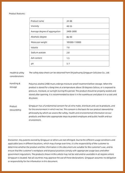 PVA2488 Technical Data Sheet – High Purity Grade - QingQuan PVA2488 Technical Data Sheet – High Purity Grade - QingQuan